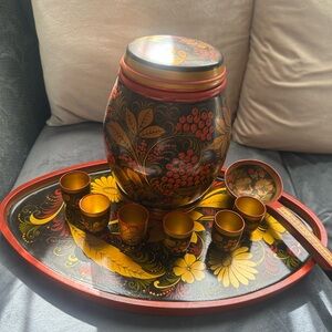 Hand-Painted Russian Khokhloma Serving Set in Black, Red & Gold